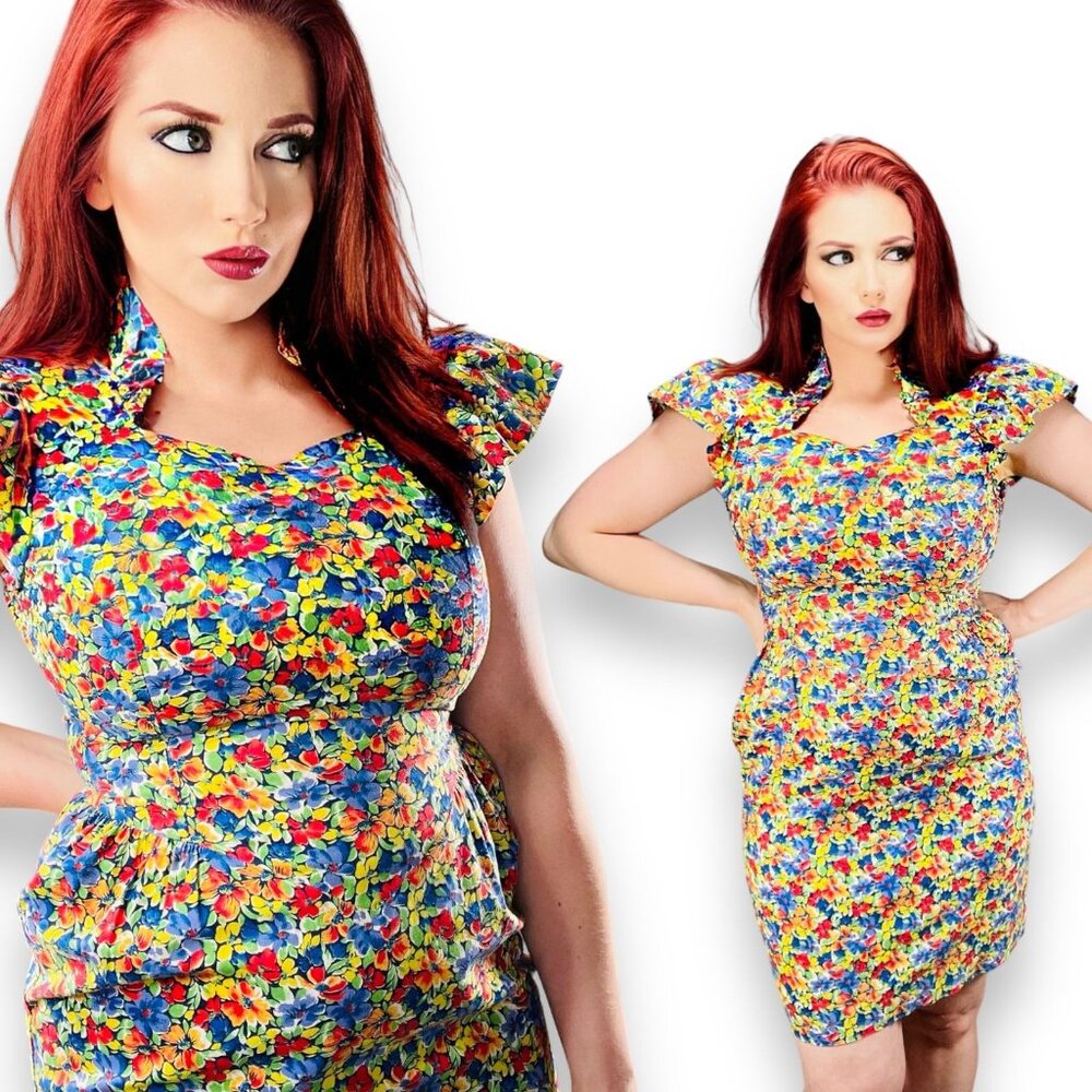 Vintage 80s Womens High Ruffle Neck Collar Flutter Sleeve Floral Dress 2 / XS